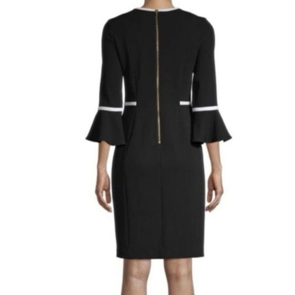 Calvin Klein Black Sheath Dress White Piping 3/4 Bell Sleeve Mid Midi Classic 10 - Picture 3 of 6